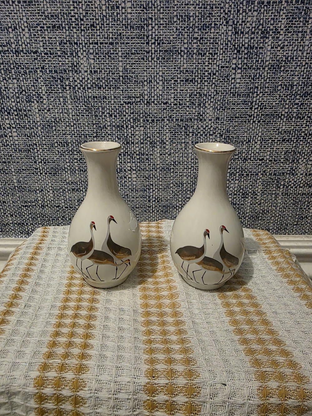 Otagiri White Porcelain Crane Bud Vases with Gold Trim - Pair
